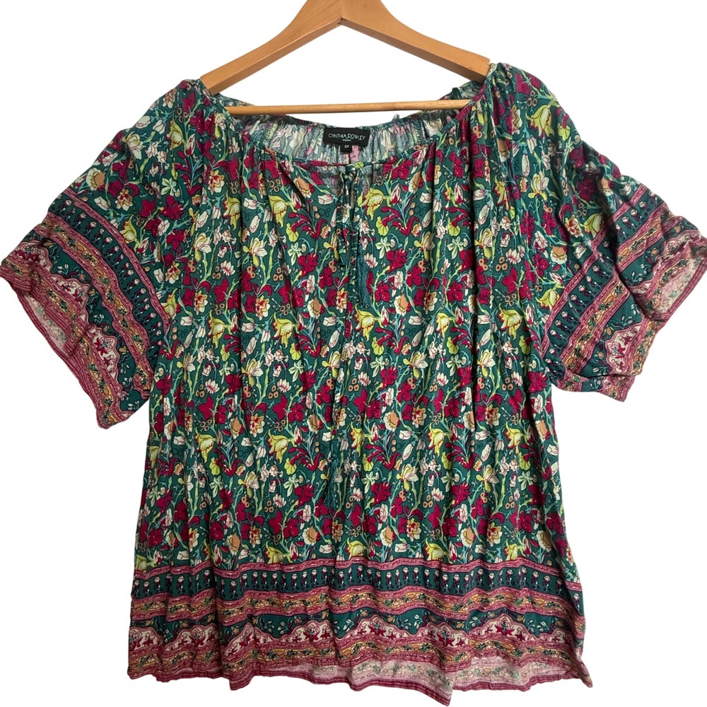 Cynthia Rowley Woman 2X‎ Boho Floral Peasant Top Teal Pink Rayon Blouse